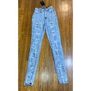 Fashion Nova Cut The BS High Rise Distressed Rip Skinny Jean’s Light Blue Size 1